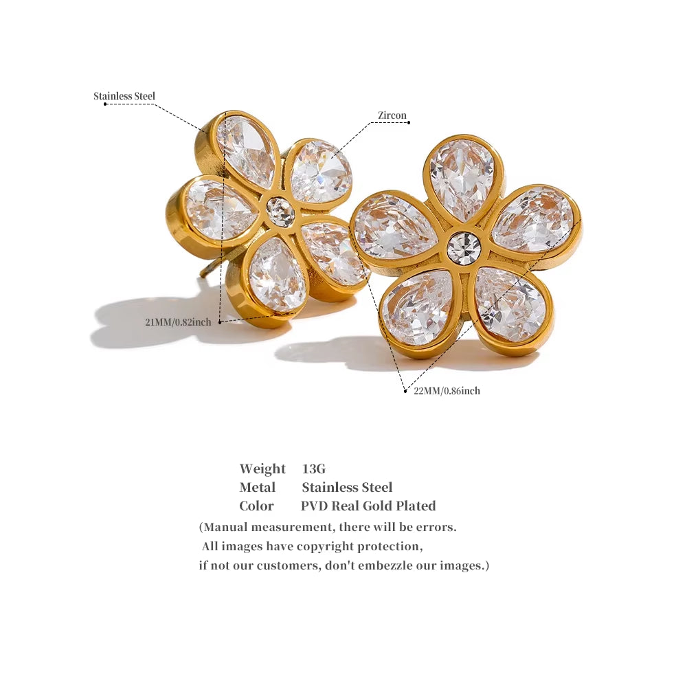 JINYOU 838 AAA Bling Cubic Zirconia Flower Golden Stud Earrings for Women 316L Stainless Steel Fashion Shiny Jewelry Waterproof