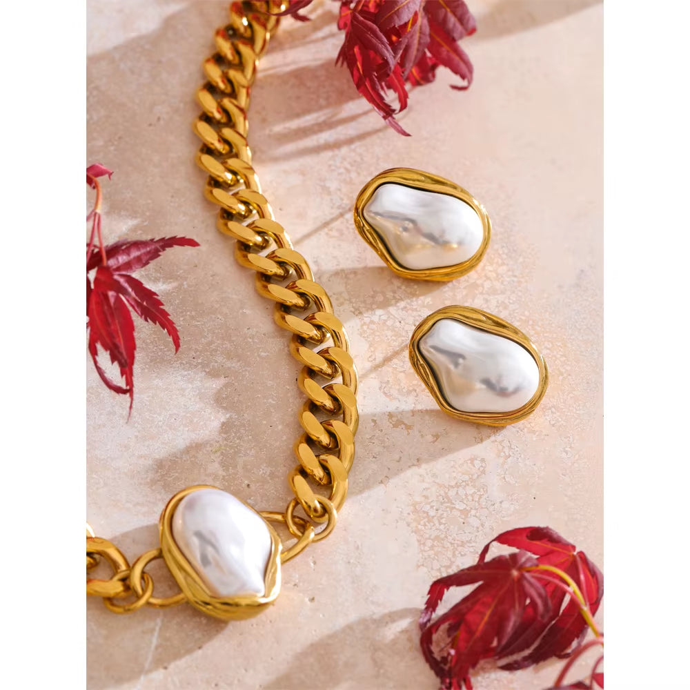 JINYOU 4818 Stainless Steel Elegant Baroque Simulated Pearl Necklace and Earring Set with Golden Cuban Chain