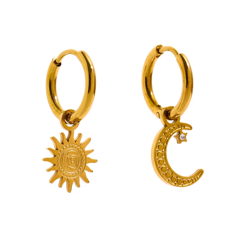 JINYOU 1769 High Quality 18K Metal Gold Color Asymmetry Earrings Stainless Steel Sun Moon Hoop Earrings