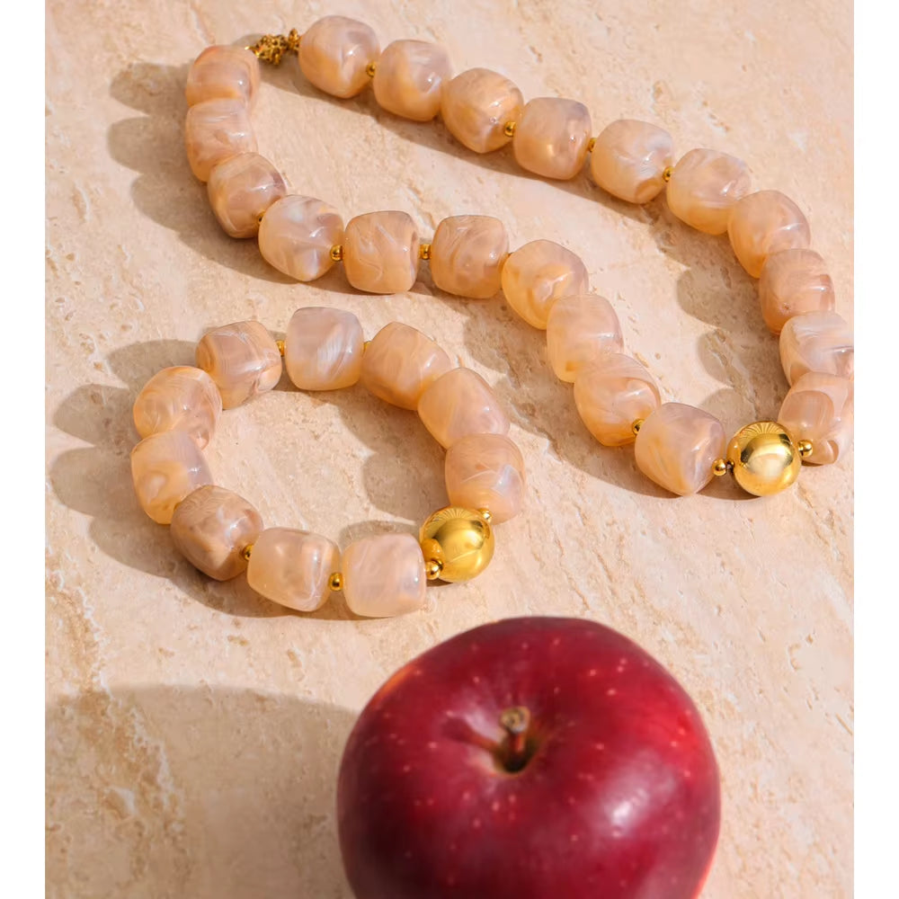 JINYOU 812 Acrylic Square Beads Bracelet and Necklace Set with Stainless Steel Chain and Gold Plated Accents