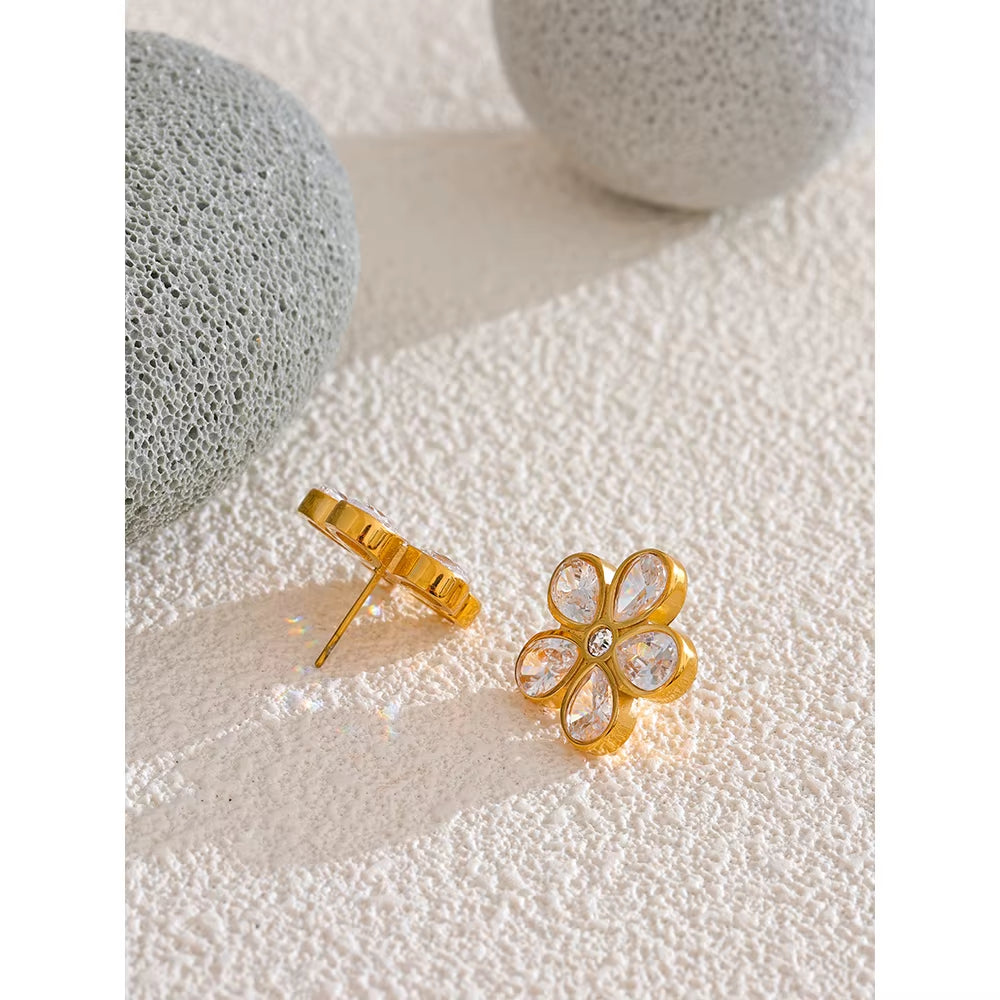 JINYOU 838 AAA Bling Cubic Zirconia Flower Golden Stud Earrings for Women 316L Stainless Steel Fashion Shiny Jewelry Waterproof