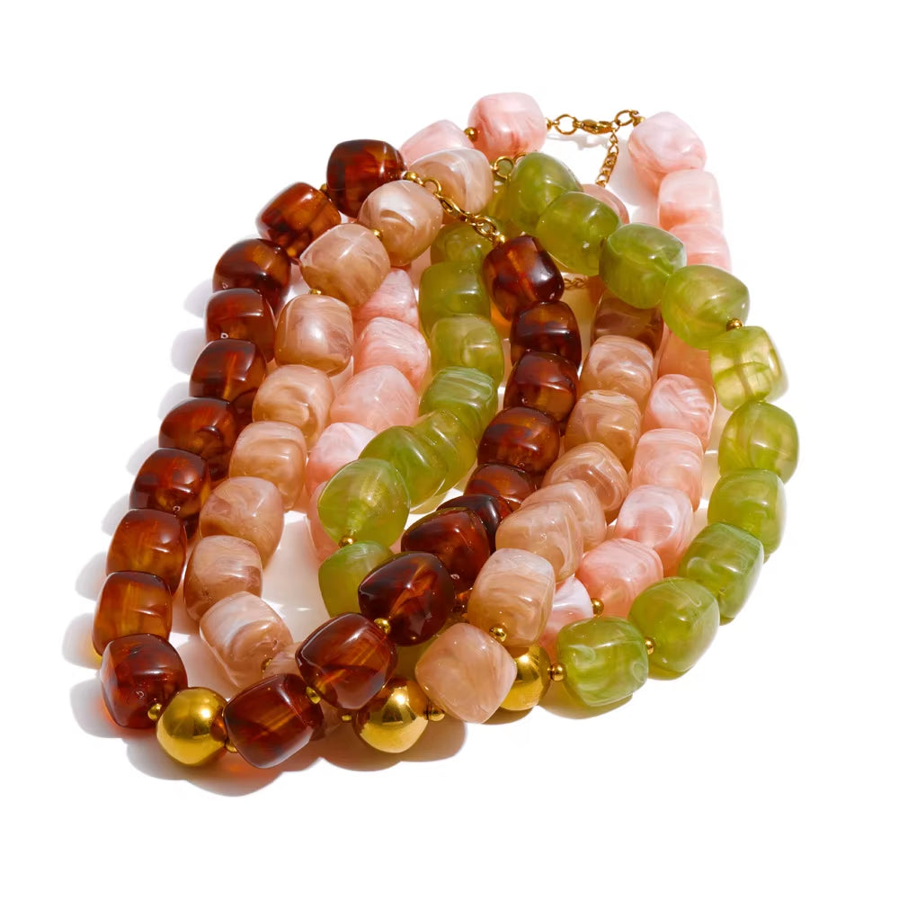 JINYOU 812 Acrylic Square Beads Bracelet and Necklace Set with Stainless Steel Chain and Gold Plated Accents