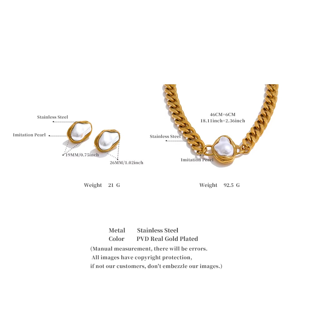 JINYOU 4818 Stainless Steel Elegant Baroque Simulated Pearl Necklace and Earring Set with Golden Cuban Chain
