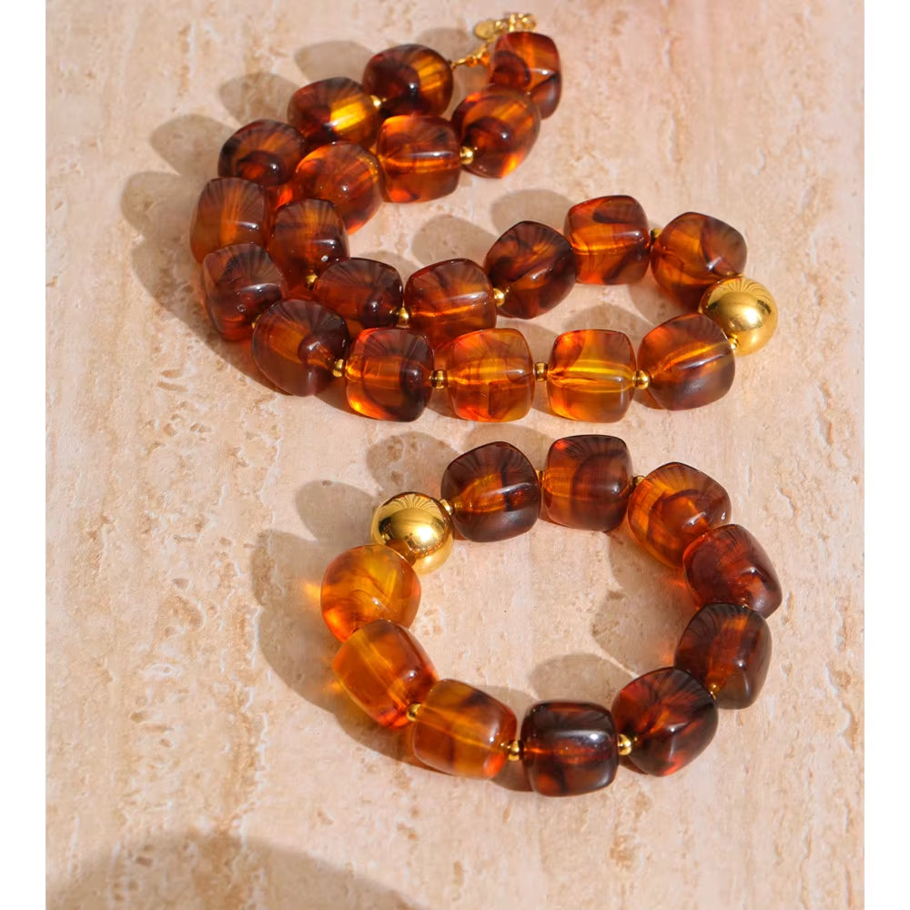 JINYOU 812 Acrylic Square Beads Bracelet and Necklace Set with Stainless Steel Chain and Gold Plated Accents