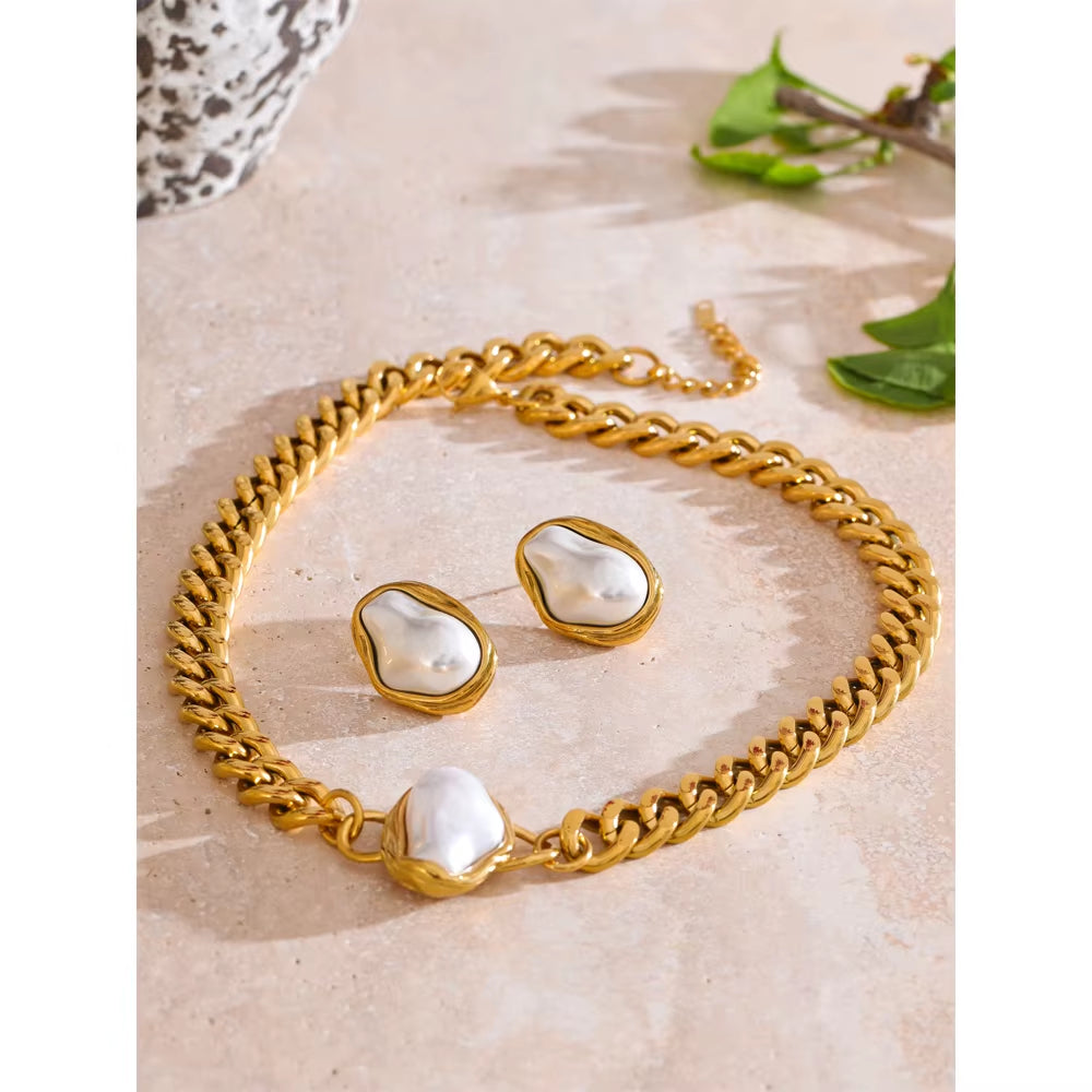 JINYOU 4818 Stainless Steel Elegant Baroque Simulated Pearl Necklace and Earring Set with Golden Cuban Chain