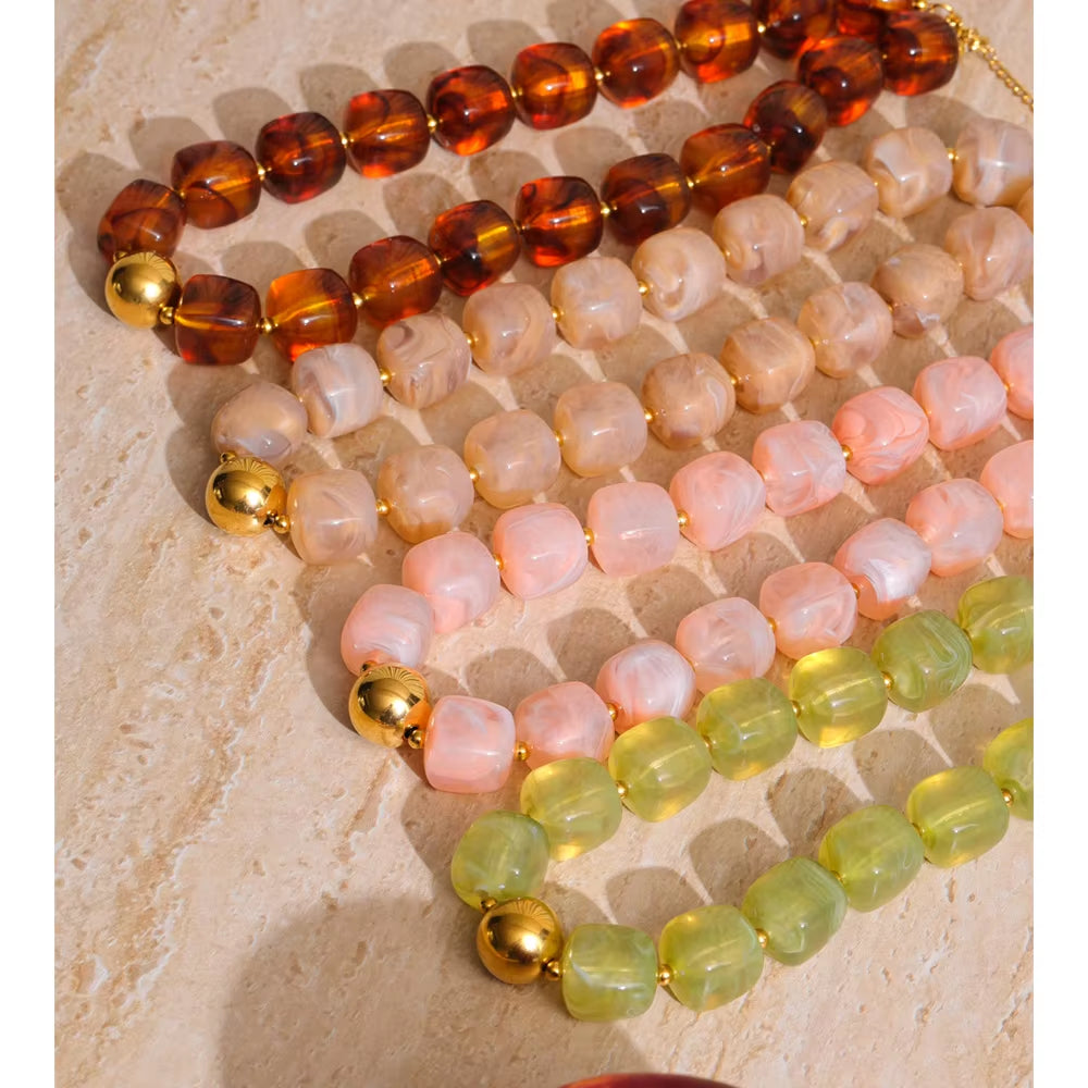 JINYOU 812 Acrylic Square Beads Bracelet and Necklace Set with Stainless Steel Chain and Gold Plated Accents