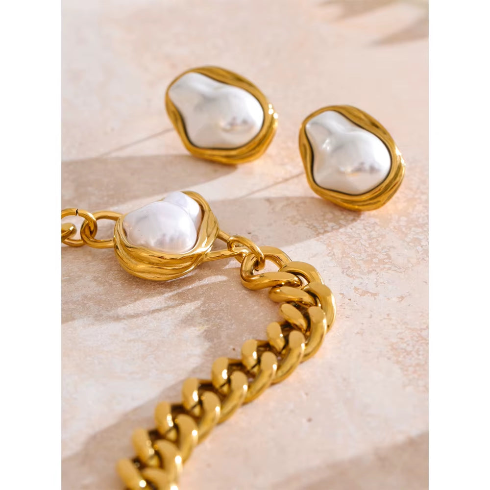 JINYOU 4818 Stainless Steel Elegant Baroque Simulated Pearl Necklace and Earring Set with Golden Cuban Chain