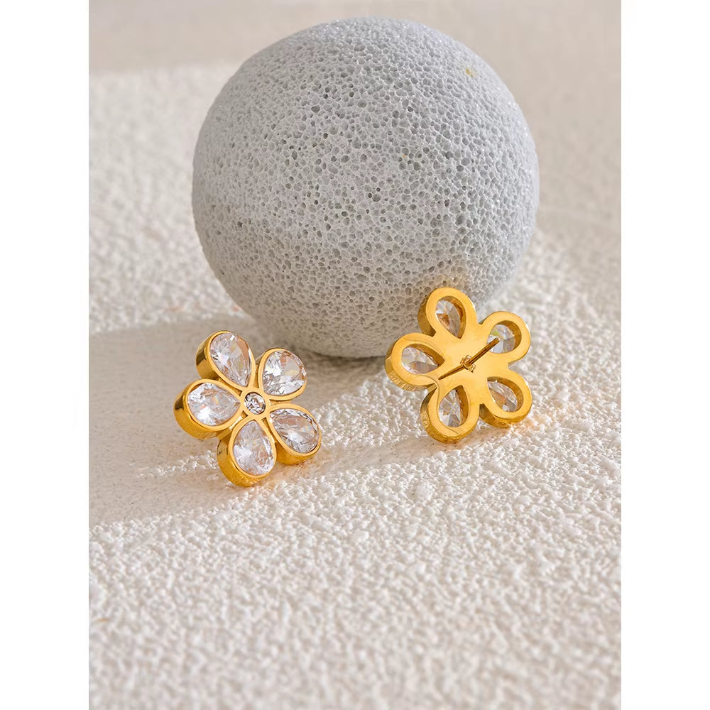 JINYOU 838 AAA Bling Cubic Zirconia Flower Golden Stud Earrings for Women 316L Stainless Steel Fashion Shiny Jewelry Waterproof