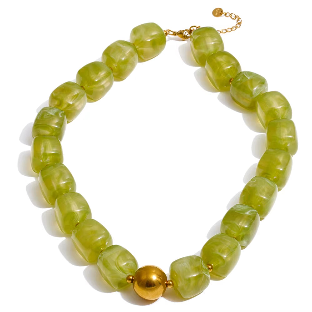 JINYOU 812 Acrylic Square Beads Bracelet and Necklace Set with Stainless Steel Chain and Gold Plated Accents
