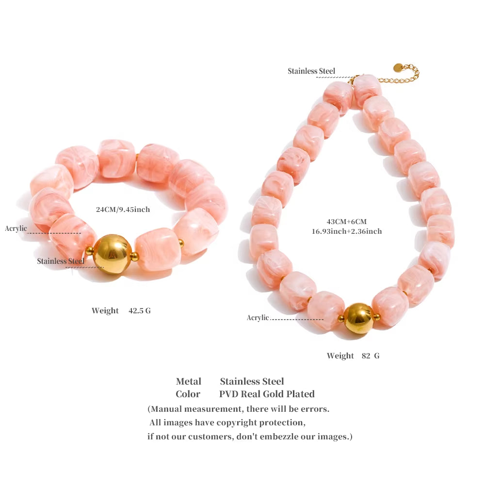 JINYOU 812 Acrylic Square Beads Bracelet and Necklace Set with Stainless Steel Chain and Gold Plated Accents