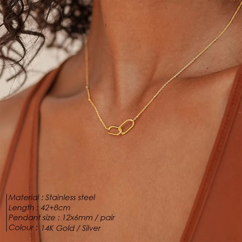 Emanco Women's Elegant Stainless Steel Infinity Link Necklace with Geometric Double Paperclip Pendant