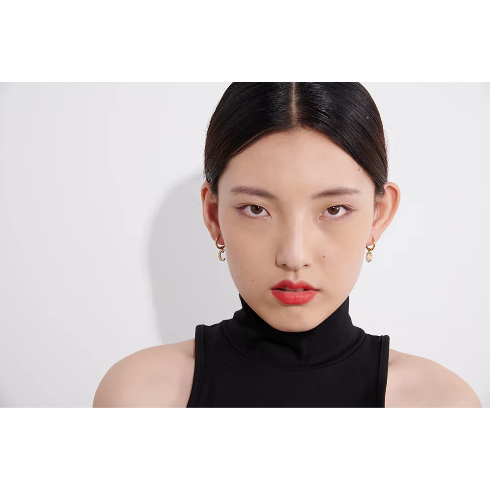 JINYOU 1769 High Quality 18K Metal Gold Color Asymmetry Earrings Stainless Steel Sun Moon Hoop Earrings