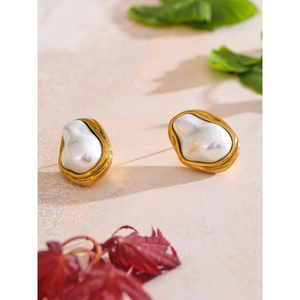 JINYOU 4818 Stainless Steel Elegant Baroque Simulated Pearl Necklace and Earring Set with Golden Cuban Chain