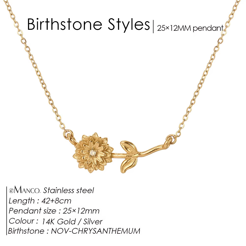 Chic Rhinestone Stainless Steel Birthstone Pendant Necklace with Rose Flower Design for Special Gifts