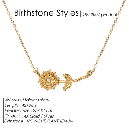 Chic Rhinestone Stainless Steel Birthstone Pendant Necklace with Rose Flower Design for Special Gifts
