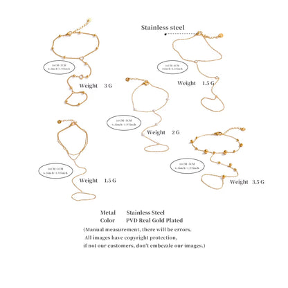 JINYOU 4547 Zircon Bead Chain Bracelet - PVD 16K Gold Plated Stainless Steel Finger Bracelet for Women