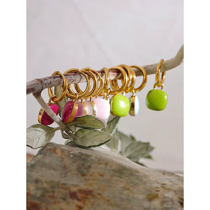 JINYOU 1092 Colorful Enamel Candy Stainless Steel Square Drop Hoop Earrings for Women, 18K PVD Plated Stylish Summer Jewelry