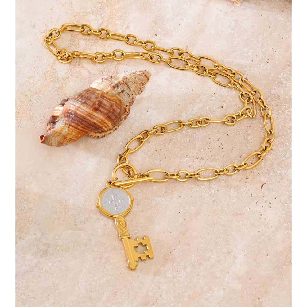 JINYOU 371 Hypoallergenic Stainless Steel Gold Plated Key-Shaped Double-Sided Pendant Necklace