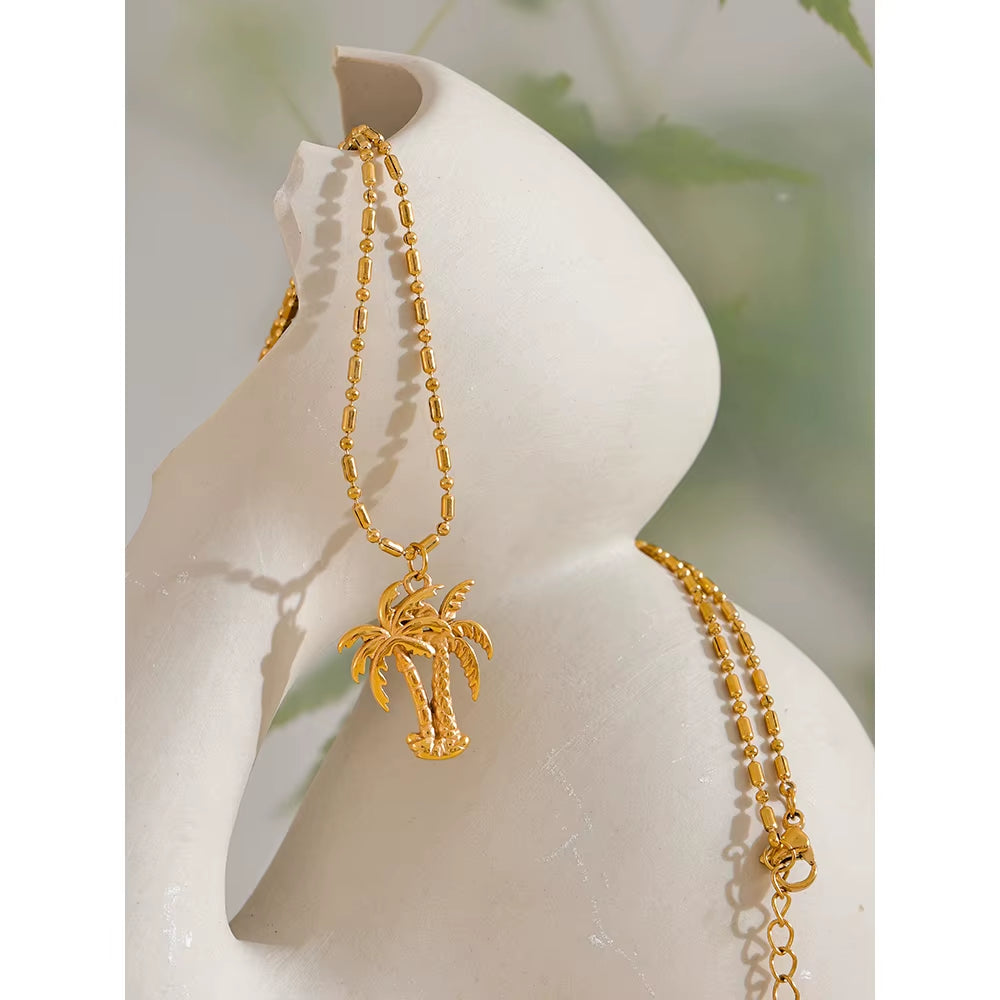 JINYOU 029 Summer Coconut Tree Necklace Pendant - 18K Gold Color PVD Plated Waterproof Fashion Jewelry for Beach Wear 2025
