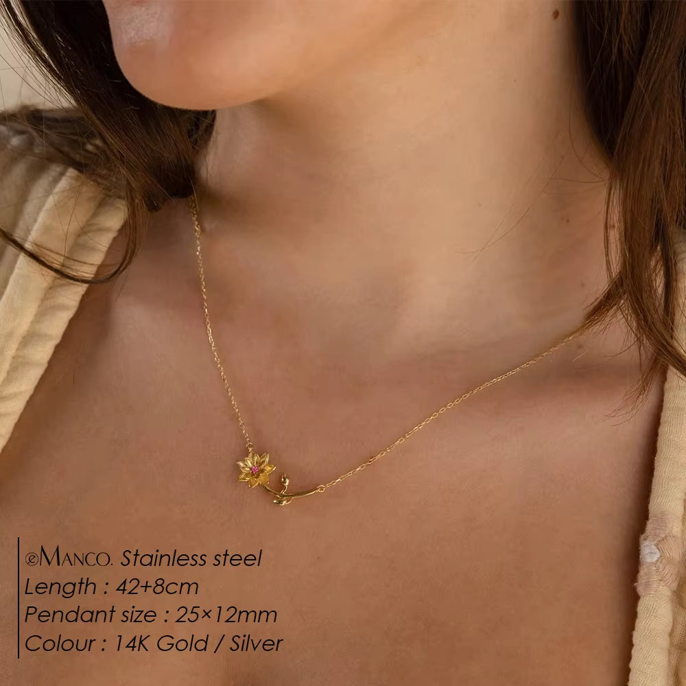 Chic Rhinestone Stainless Steel Birthstone Pendant Necklace with Rose Flower Design for Special Gifts