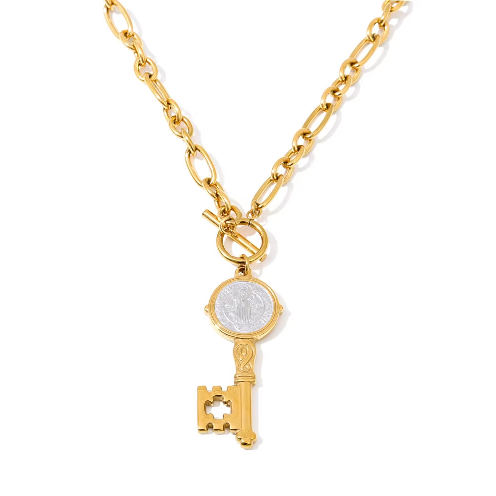 JINYOU 371 Hypoallergenic Stainless Steel Gold Plated Key-Shaped Double-Sided Pendant Necklace