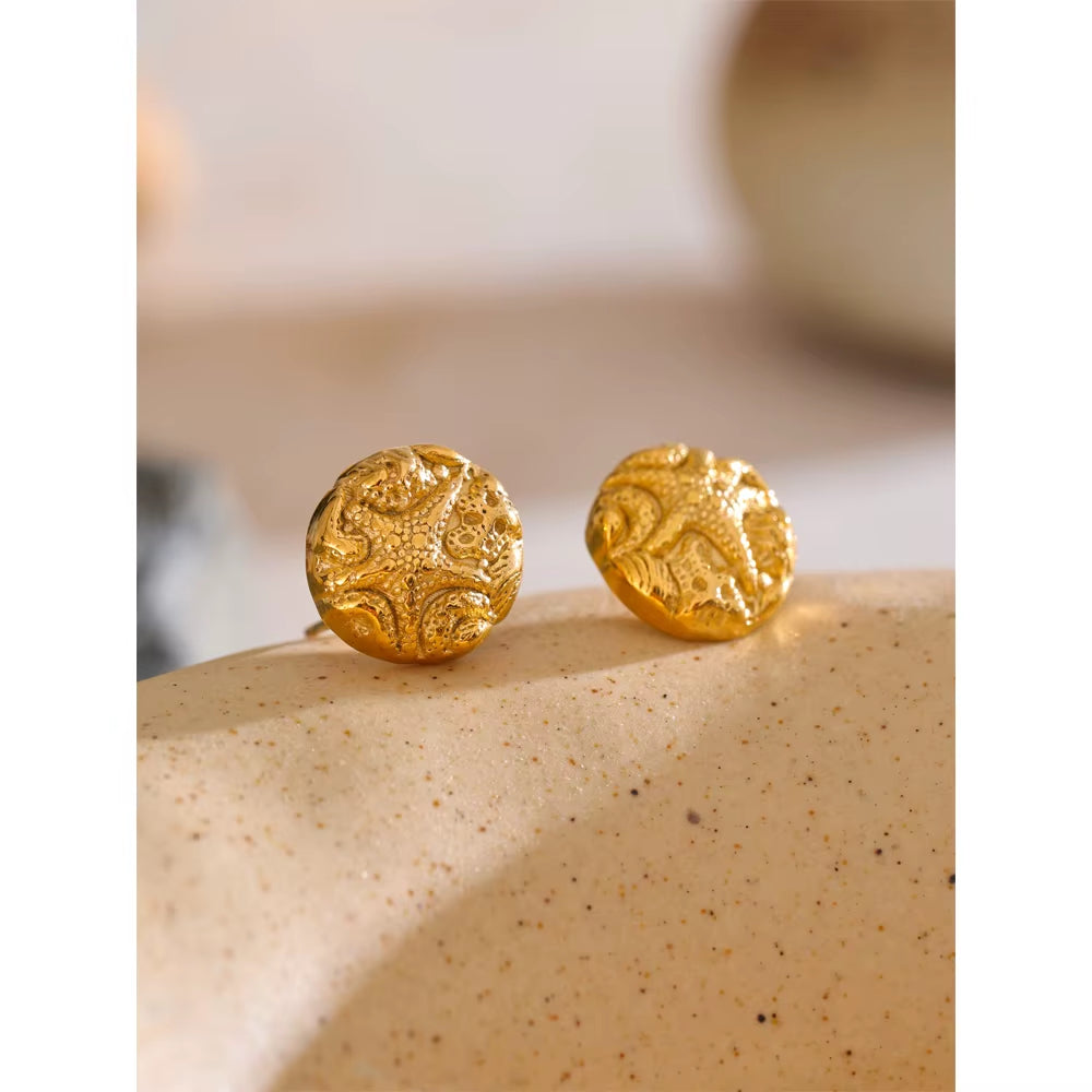 JINYOU 3429 Summer Stainless Steel Golden Waterproof Starfish Round Stud Earrings for Women