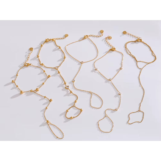 JINYOU 4547 Zircon Bead Chain Bracelet - PVD 16K Gold Plated Stainless Steel Finger Bracelet for Women