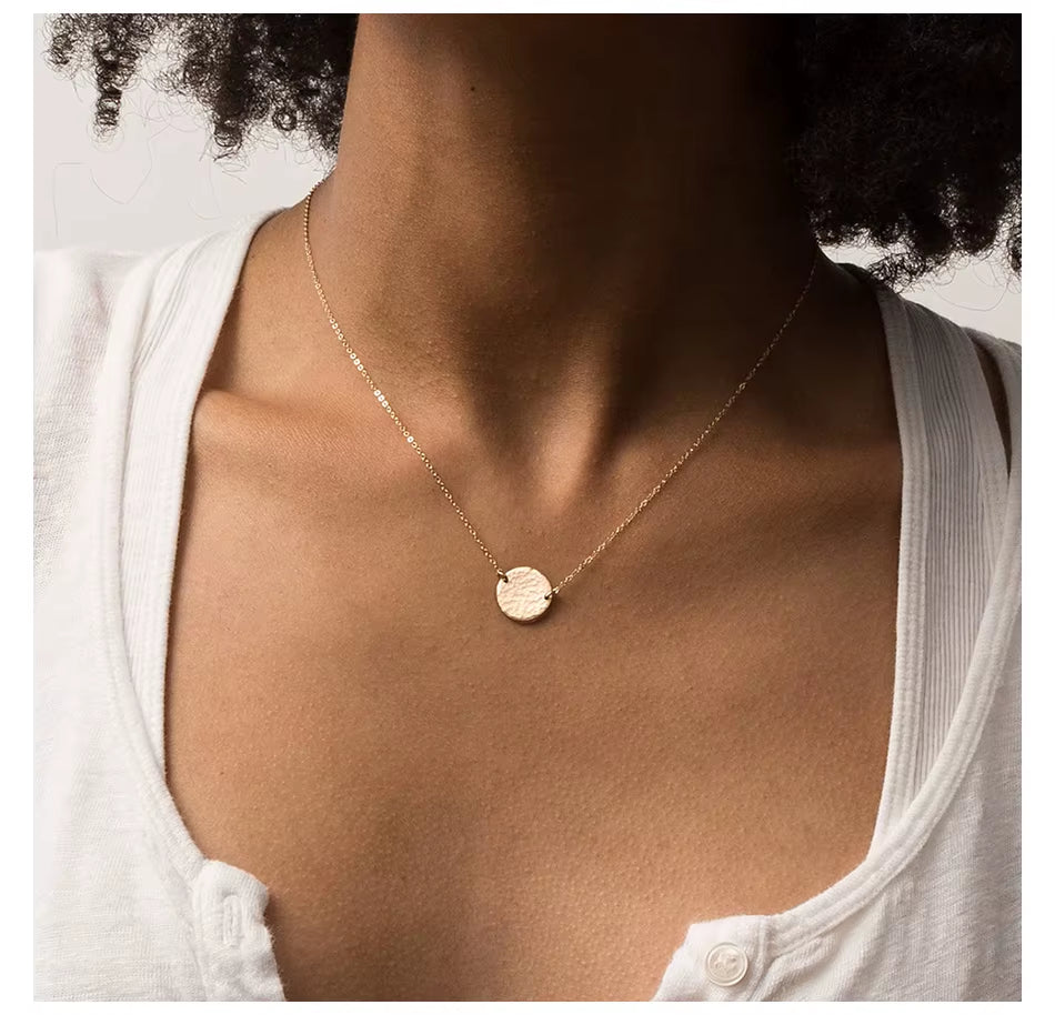 Emanco Women's 316 Stainless Steel 14K Gold-Plated Coin Necklace with Hammer Pattern Pendant