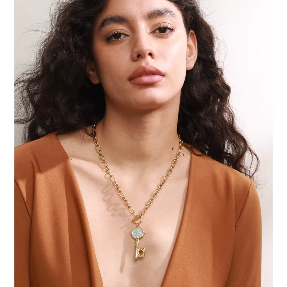 JINYOU 371 Hypoallergenic Stainless Steel Gold Plated Key-Shaped Double-Sided Pendant Necklace