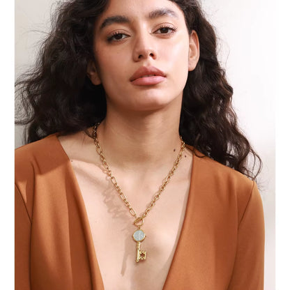 JINYOU 371 Hypoallergenic Stainless Steel Gold Plated Key-Shaped Double-Sided Pendant Necklace