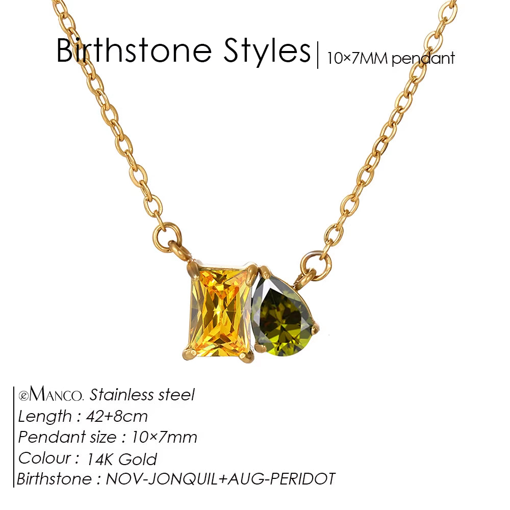 Emanco Elegant Non-Allergenic Korean Stainless Steel Birthstone Pendant Necklace with Zircon Water Drop Design, Gold Plated