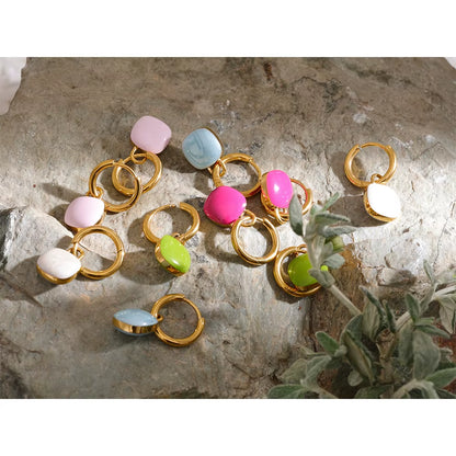JINYOU 1092 Colorful Enamel Candy Stainless Steel Square Drop Hoop Earrings for Women, 18K PVD Plated Stylish Summer Jewelry