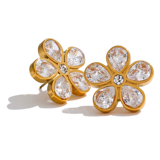 JINYOU 838 AAA Bling Cubic Zirconia Flower Golden Stud Earrings for Women 316L Stainless Steel Fashion Shiny Jewelry Waterproof