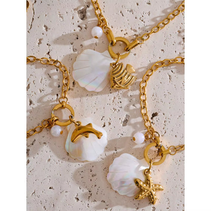 JINYOU 1078 Stainless Steel Ocean-Inspired Charm Bracelet with Natural Shell and Starfish Accent for Beach Vacations