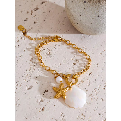 JINYOU 1078 Stainless Steel Ocean-Inspired Charm Bracelet with Natural Shell and Starfish Accent for Beach Vacations