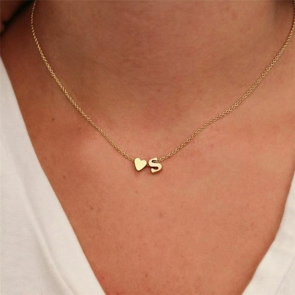 Emanco Personalized Initial Heart Necklace for Women - Gold Stainless Steel A-Z Letter Design