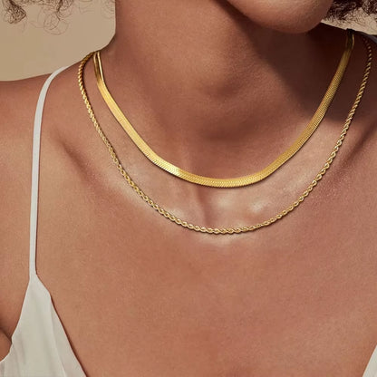 Emanco Classic Layered Double Stainless Steel Rope Twist and Flat Snake Chain Necklace for Women