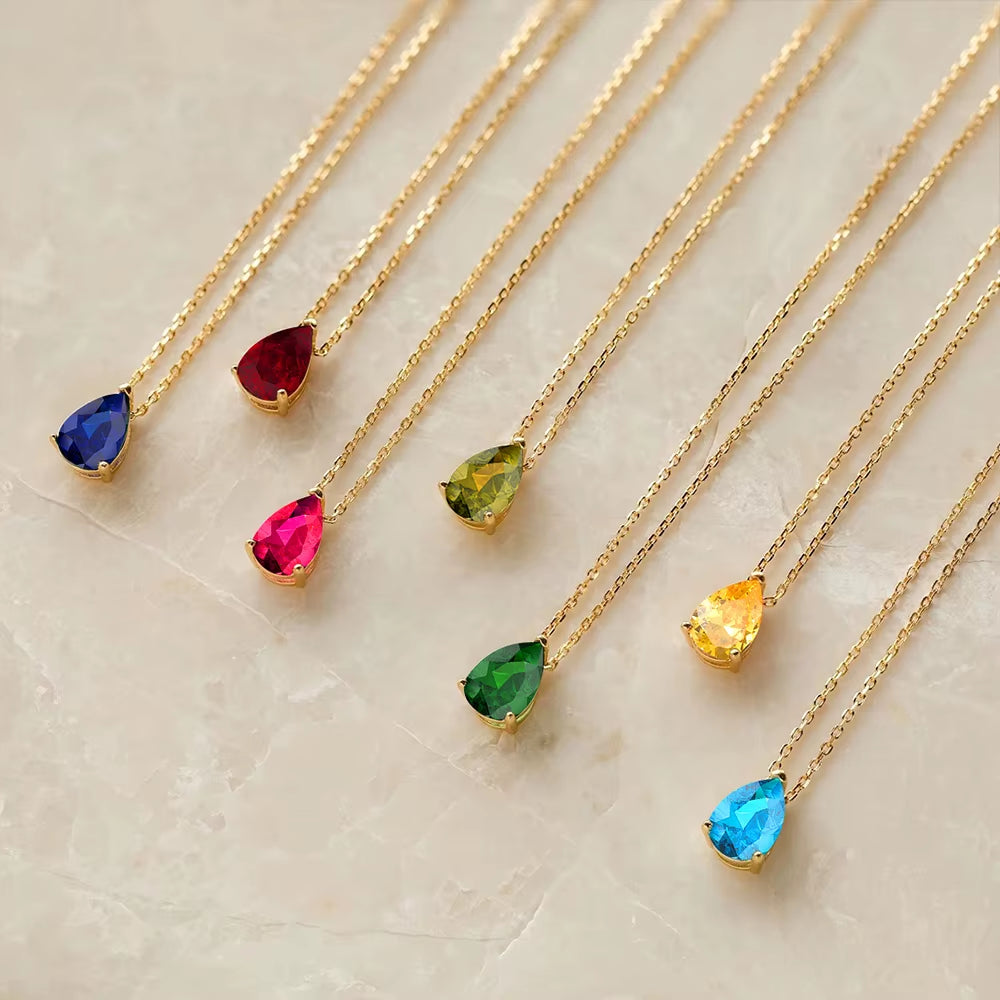 Stainless Steel Zircon Water Drop Birthstone Pendant Necklace - Available in 12 Colors, Ideal Jewelry Gift for Women