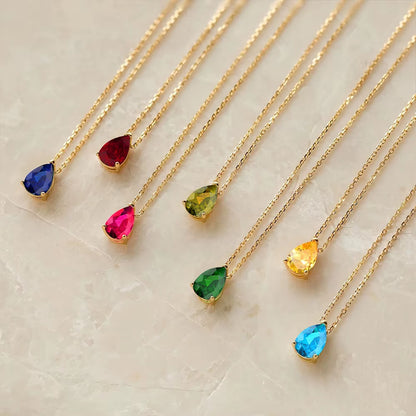 Stainless Steel Zircon Water Drop Birthstone Pendant Necklace - Available in 12 Colors, Ideal Jewelry Gift for Women