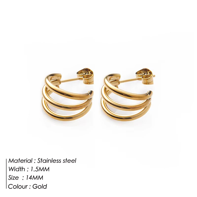 Tarnish-Resistant 316 Stainless Steel 18K Gold Plated Three-Layer C-Shaped Circle Stud Earrings