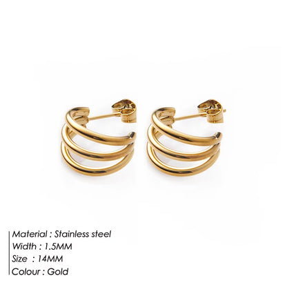 Tarnish-Resistant 316 Stainless Steel 18K Gold Plated Three-Layer C-Shaped Circle Stud Earrings