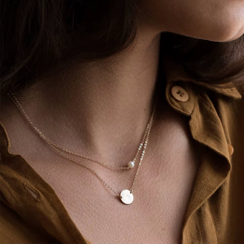 Japan and South Korea Stainless Steel Layered Pendant Necklace with Pearl for Women