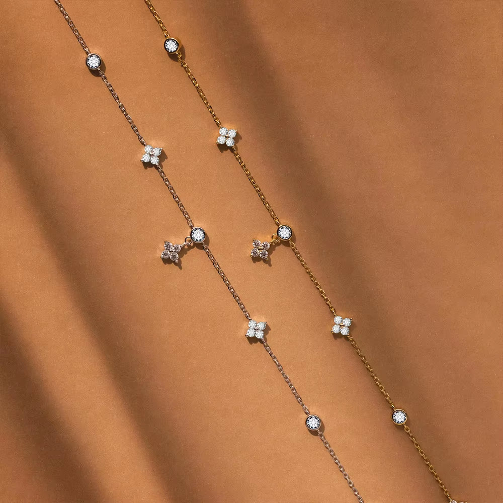 E-Manco Luxury Stainless Steel Gold Necklace for Women featuring Minimalist Four-Leaf Clover Design with Zircon Accents