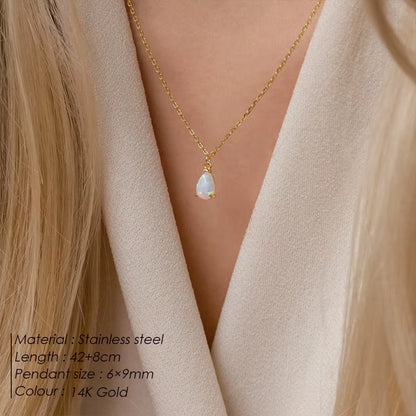 Stainless Steel Zircon Water Drop Birthstone Pendant Necklace - Available in 12 Colors, Ideal Jewelry Gift for Women