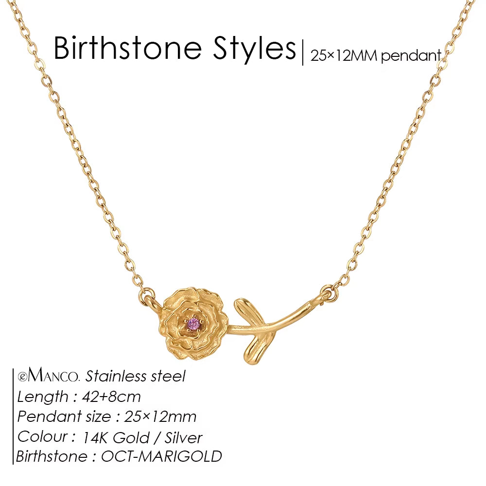 Chic Rhinestone Stainless Steel Birthstone Pendant Necklace with Rose Flower Design for Special Gifts