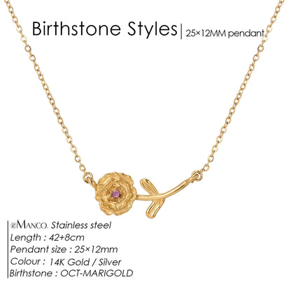 Chic Rhinestone Stainless Steel Birthstone Pendant Necklace with Rose Flower Design for Special Gifts