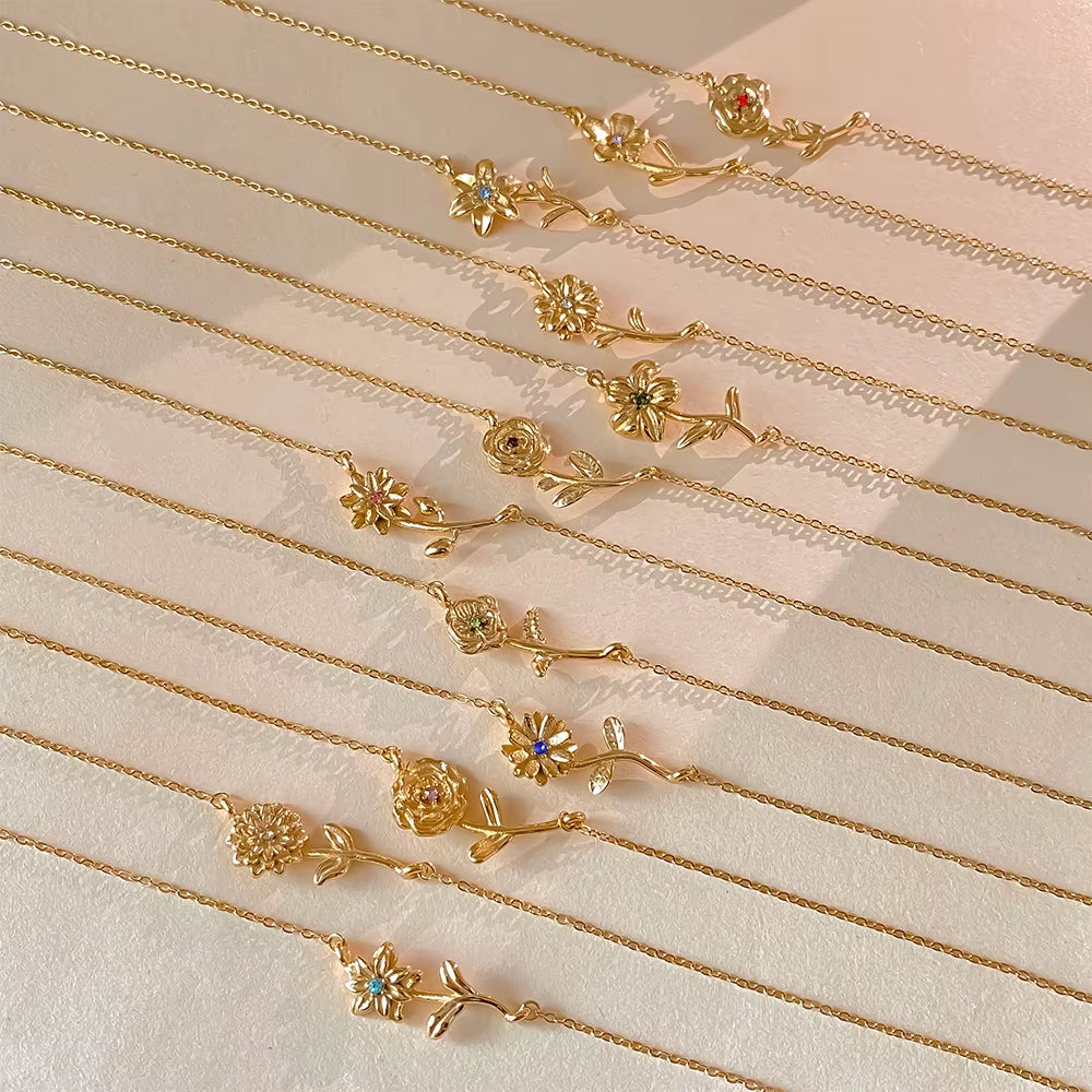 Chic Rhinestone Stainless Steel Birthstone Pendant Necklace with Rose Flower Design for Special Gifts