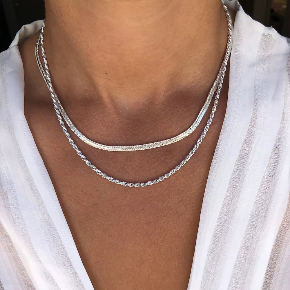 Emanco Classic Layered Double Stainless Steel Rope Twist and Flat Snake Chain Necklace for Women