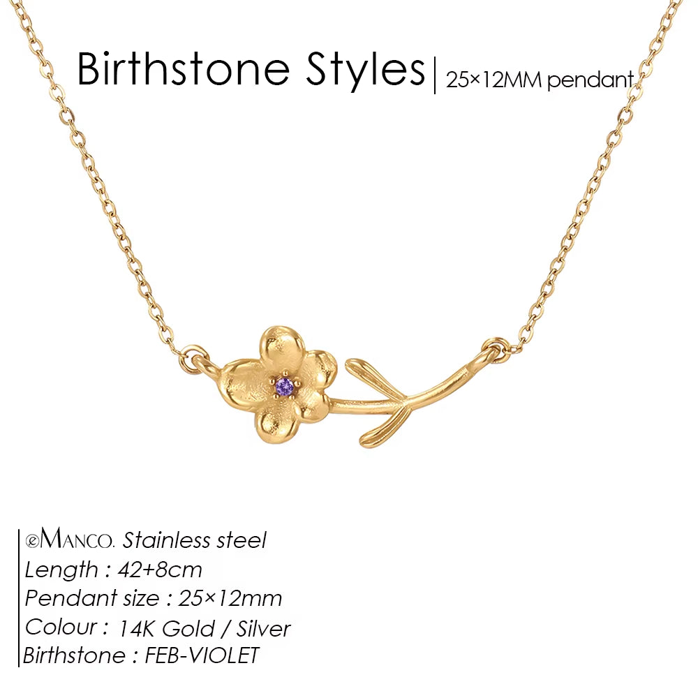 Chic Rhinestone Stainless Steel Birthstone Pendant Necklace with Rose Flower Design for Special Gifts