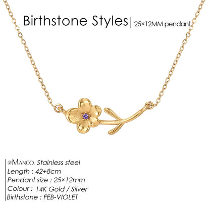 Chic Rhinestone Stainless Steel Birthstone Pendant Necklace with Rose Flower Design for Special Gifts